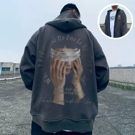 大码卫衣纯棉开衫休闲美式复古拉链秋冬加绒加厚外套男潮牌连帽衫商品大图