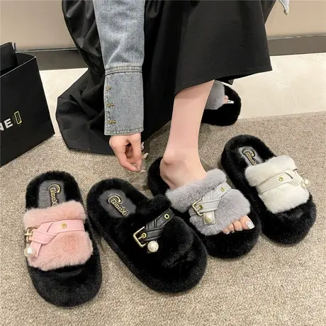 设计感小众毛毛拖鞋女外穿2024年秋冬季新款厚底高级感一字毛毛鞋商品大图