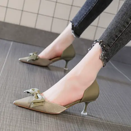 小清新高跟鞋2024年新款百搭蝴蝶结气质细跟中空包头凉鞋女ins仙商品大图