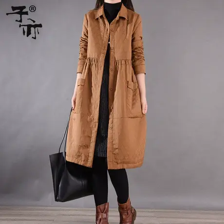 子亦2023秋冬新款韩版宽松单排扣拼接褶皱大口袋加厚风衣外套图片