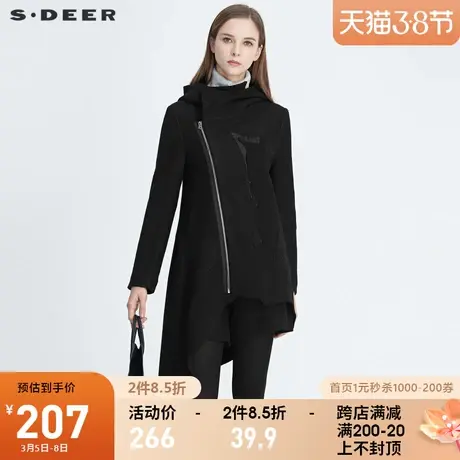 sdeer圣迪奥冬季高领连帽斜襟做旧磨破黑色毛呢大衣女S20481703🔒商品大图