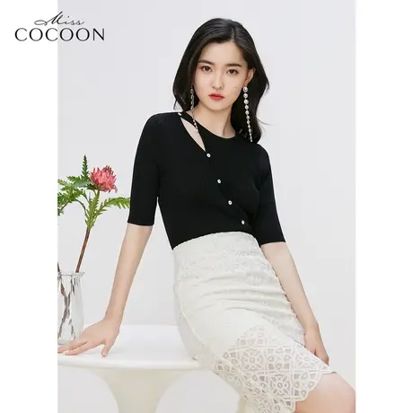 missCOCOON黑色毛针织衫女2023新款春季纯欲风镂空显瘦打底衫上衣商品大图