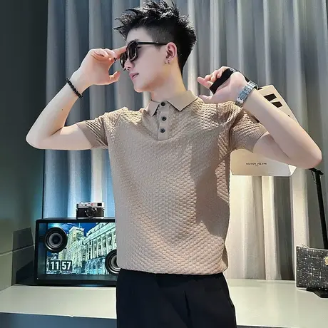 夏季纯色短袖翻领polo衫潮流修身韩版T恤潮男百搭休闲格子半袖商品大图