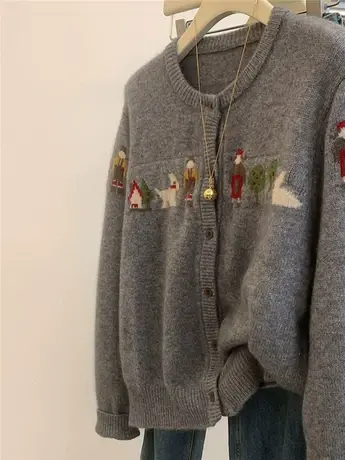 慵懒风灰色复古毛衣开衫秋冬季穿搭高级感趣味卡通刺绣宽松外套女图片