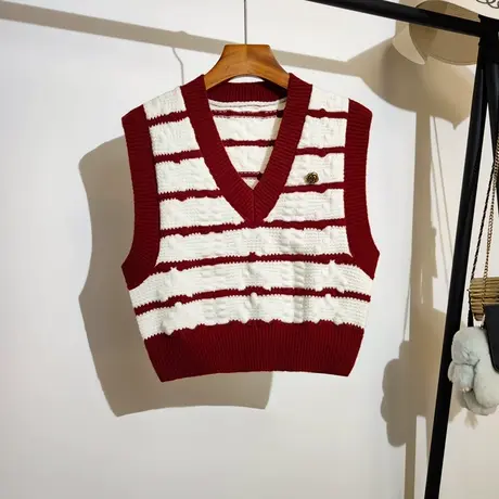 短款小个子针织背心马甲女秋冬新款v领显瘦条纹无袖毛衣坎肩外穿商品大图