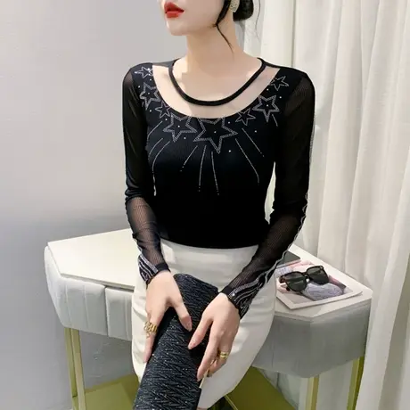 设计感网纱长袖打底衫女时尚拼接镂空烫钻气质内塔上衣修身T恤潮图片