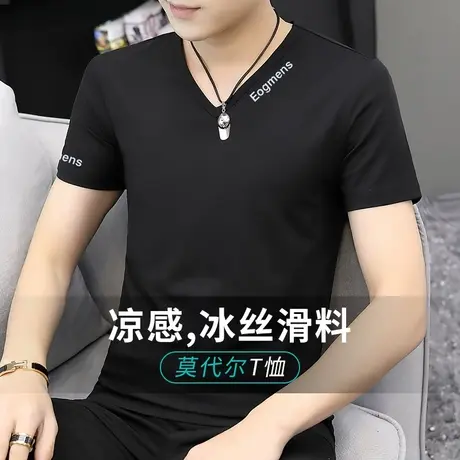 莫代尔棉短袖t恤男装V领黑色冰丝冰感上衣服潮牌潮流夏季体恤半袖商品大图