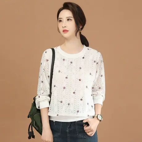 韩潮袭人宽松休闲圆领蕾丝衫T恤女2024春季新款洋气长袖雪纺衫女商品大图