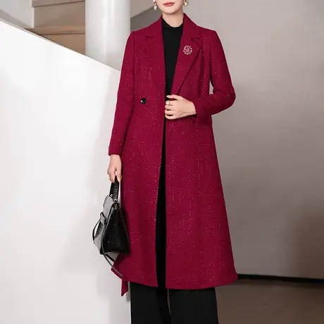 红色小香风外套女2025春季新款时尚气质洋气中长款修身呢子大衣女商品大图