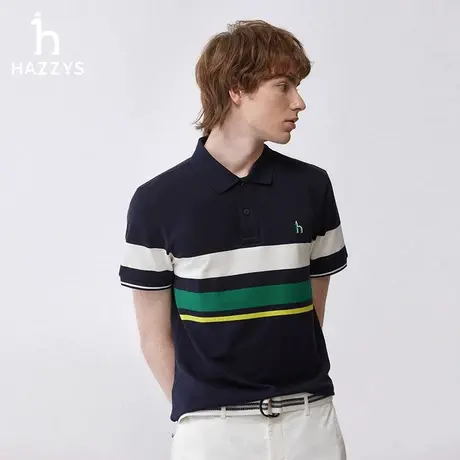 Hazzys哈吉斯2024年春季新款条纹撞色polo衫休闲通勤潮流短袖T恤图片