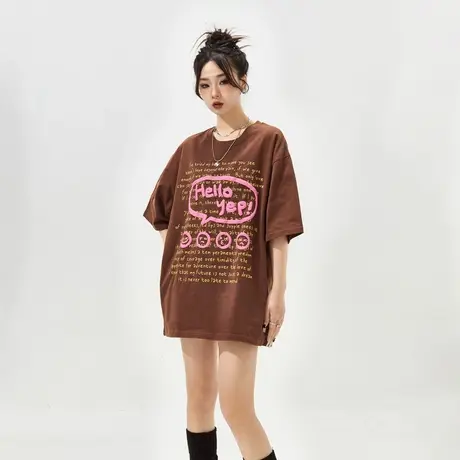 YEP复古印花美拉德穿搭短袖t恤女春夏2024新款潮牌情侣装宽松上衣商品大图