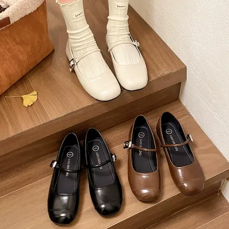 玛丽珍鞋浅口搭扣单鞋女2024春季新款韩版方头平底浅口软底豆豆鞋商品大图