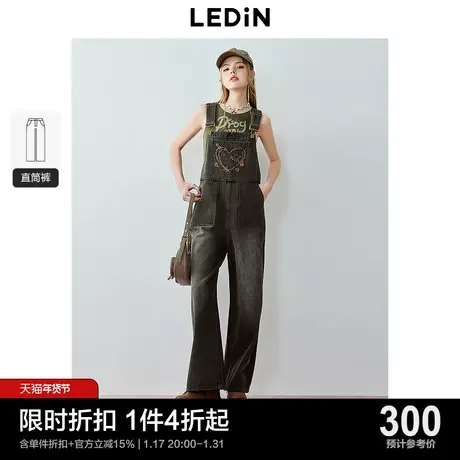 乐町复古休闲背带牛仔裤2024年春季新款绣花阔腿裤百搭连体裤子图片