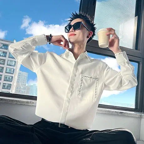 长袖衬衫男春季轻奢高级感重磅寸衫外套ins网红爆款潮牌长袖衬衣商品大图