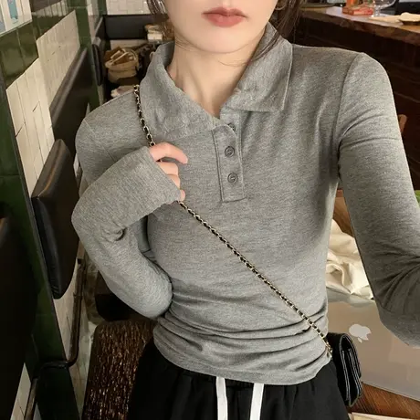 polo领气质打底衫女2023新款春秋设计感修身内搭长袖t恤早春上衣商品大图