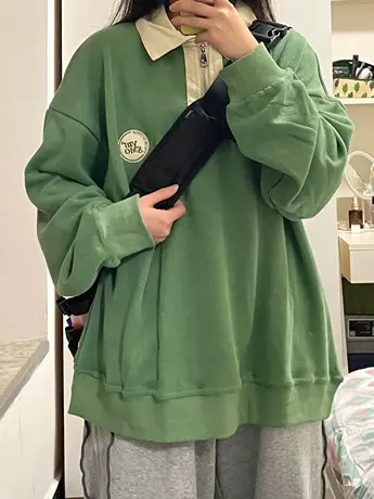 拉链polo领卫衣女春秋款oversize美式复古宽松慵懒风vibe落肩上衣图片