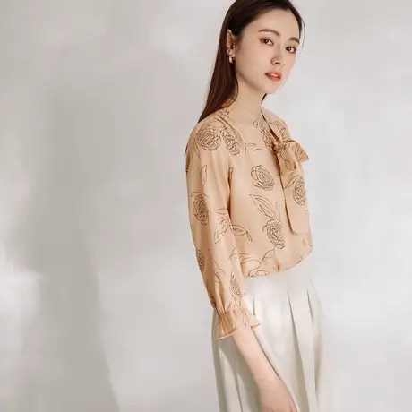 桔熊春秋法式蝴蝶结飘带衬衫女玫瑰花荷叶袖洋气上衣大码AB19294商品大图