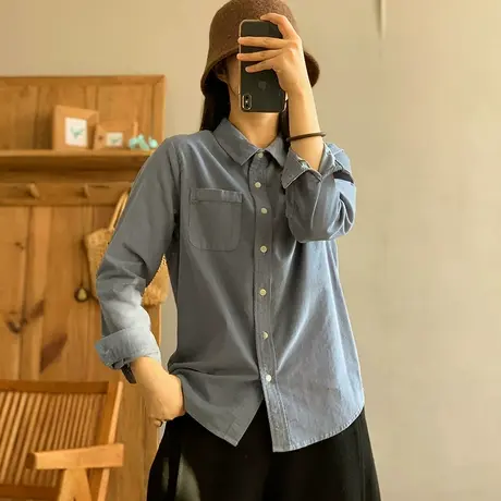 dza 复古纯色全棉口袋衬衣女士春秋新款宽松长袖上衣休闲百搭衬衫商品大图