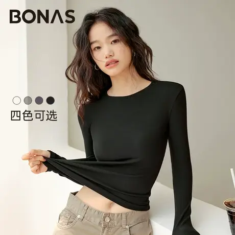 宝娜斯春夏新款修身打底衫女内搭黑色圆领洋气卡腰上衣长袖t恤图片