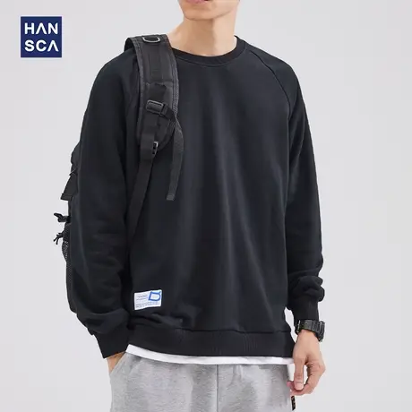 hansca秋季圆领卫衣男假两件潮流宽松青少年套头无帽百搭休闲上衣商品大图
