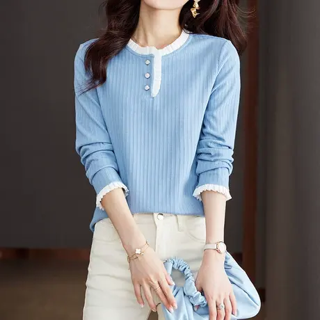 【3月4春新品8折】时尚休闲木耳边长袖T恤百搭撞色显瘦套头上衣女图片