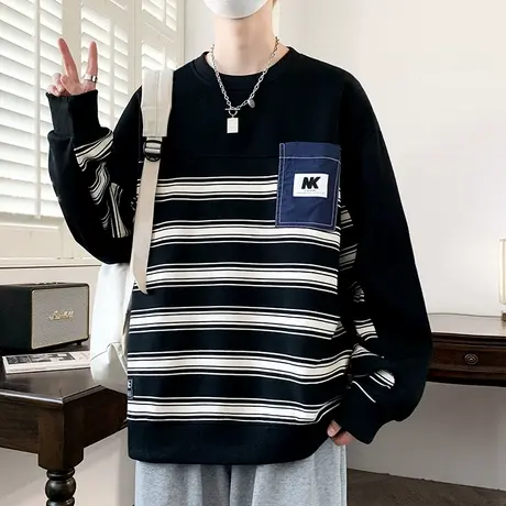 撞色条纹卫衣男春秋款圆领长袖t恤男潮牌体恤学生美拉德风打底衫T图片