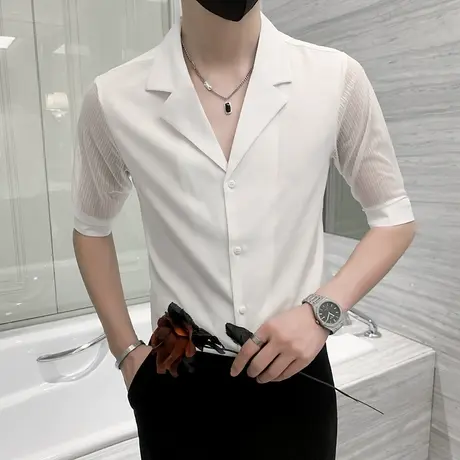 夏季个性蕾丝短袖衬衫男潮牌古巴领韩版痞帅垂感镂空衬衣休闲秋装商品大图