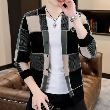 新款男士2022潮流开衫外穿毛衣设计感撞色格子外套秋装针织上衣服商品大图