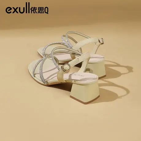 依思q法式晚风凉鞋2024今年夏季新款粗跟水钻一字带女鞋气质外穿商品大图