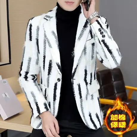 呢子西服男士潮流韩版加棉保暖外套冬季网红痞帅气个性加厚小西装图片