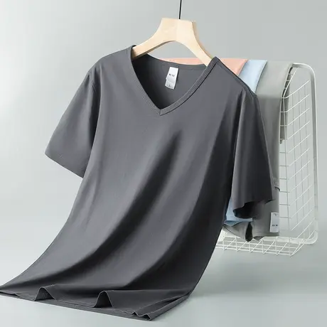 莫代尔男士短袖t恤潮牌V领纯色上衣服夏季冰丝凉感速干半袖体恤衫图片