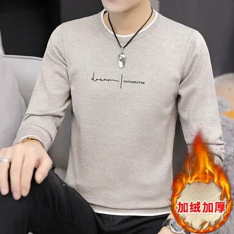 2023年秋冬季新款潮流圆领羊毛衫男士加绒加厚男装学生字母毛衣男商品大图