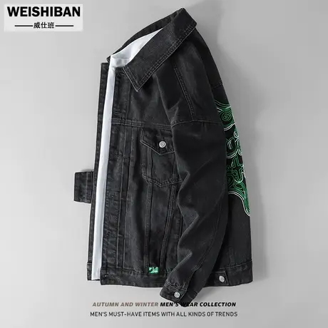 美式复古牛仔夹克男装宽松廓形休闲黑色外套春秋季艺术感刺绣上衣商品大图