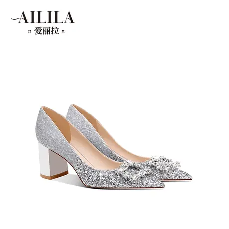 爱丽拉粗跟婚鞋女2023新款银色新娘胖脚宽肥亮片水晶高跟鞋不累脚商品大图