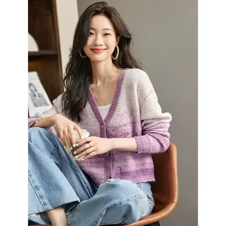 时尚休闲渐变针织开衫女士2023年秋季新款百搭减龄气质显瘦毛衣商品大图