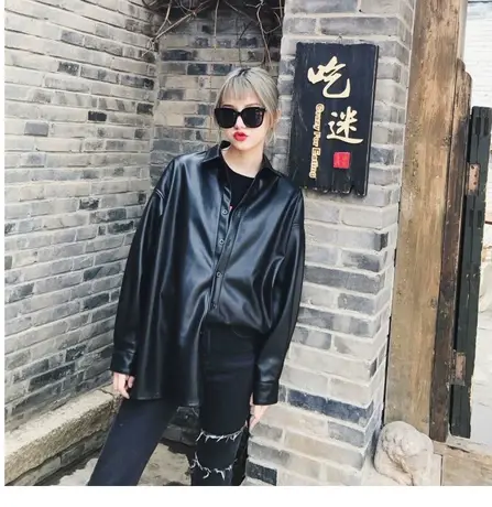 pu皮外套女春秋2021新款宽松原宿风bf学生中长款黑色机车皮衬衣潮商品大图