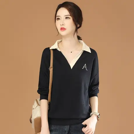 韩潮袭人V领刺绣长袖休闲士卫衣女2023秋季新款宽松显瘦撞色上衣图片