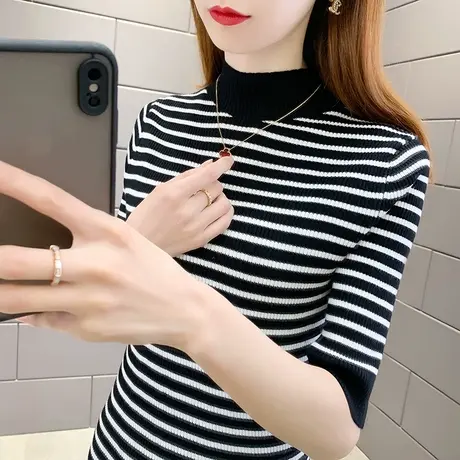 秋季女2023年新款半高领毛衣五分袖针织上衣套头修身中袖打底衫女商品大图