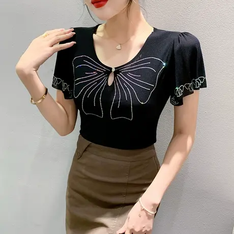 欧货网纱短袖T恤女2023夏季新款性感镂空心机上衣时尚荷叶边小衫商品大图