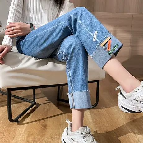 卷边直筒牛仔裤女2023年春季新款高腰宽松显瘦百搭九分破洞烟管裤商品大图