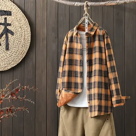 枫谜2022冬季新款磨毛加绒加厚文艺格子百搭叠穿休闲显瘦保暖衬衫图片