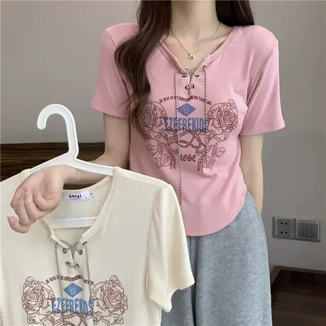 韩版镂空链条拼接短款t恤女辣妹高腰露脐设计感小众修身性感上衣商品大图