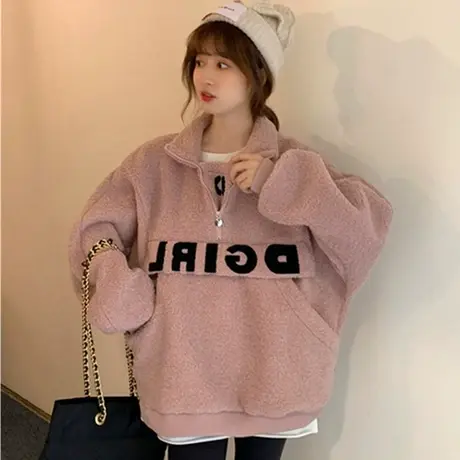 羊羔毛卫衣女秋冬宽松韩版潮ins设计感小众加绒加厚waitmore外套商品大图