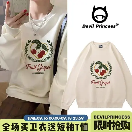 港风复古加绒卫衣女冬加绒圆领外套2023年秋季新款设计感小众上衣图片