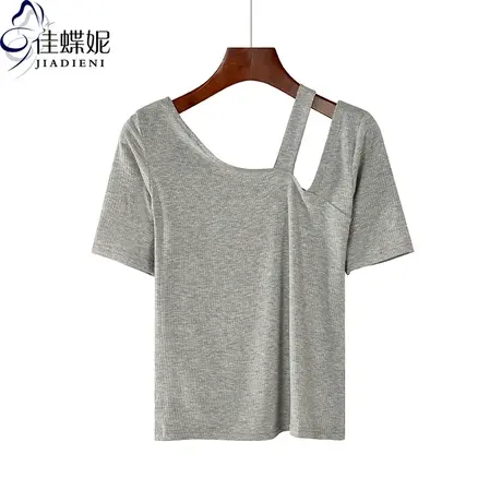 夏季新款韩版纯棉修身正反两穿斜领露肩短袖体恤上衣内搭打底女装商品大图