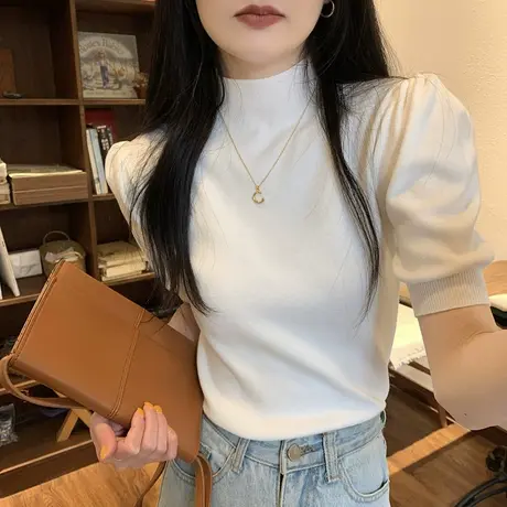半高领泡泡袖针织衫短袖t恤女2023新款夏季修身气质温柔韩系上衣商品大图