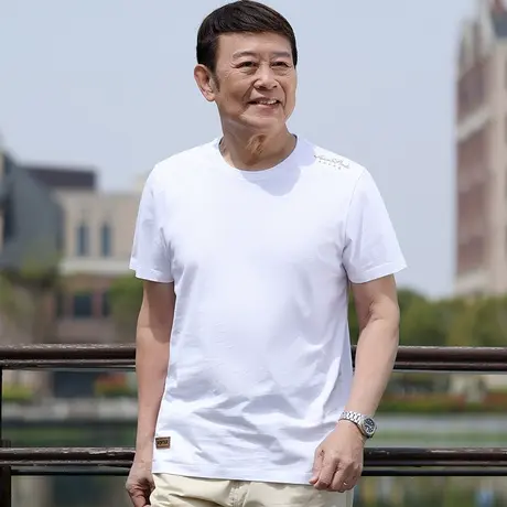 爸爸短袖t恤纯棉白色圆领夏季中年男士半截袖体恤汗衫上衣爷爷装商品大图