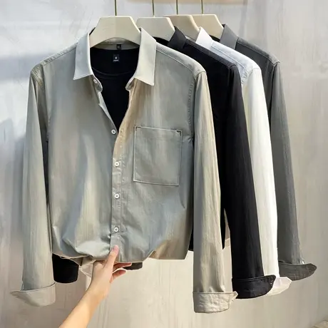 衬衫男长袖帅气秋冬男装上衣商务休闲简约纯色白色衬衣免烫潮流春商品大图