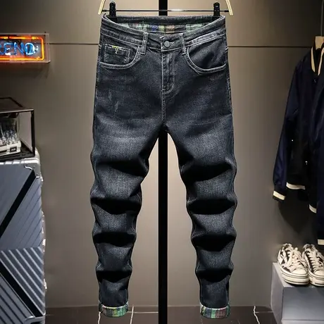 春夏季黑色潮牌牛仔裤男修身小脚百搭男士休闲长裤子男韩版弹力款商品大图