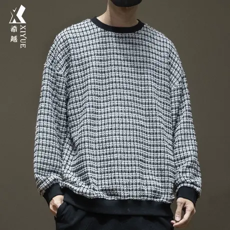 希越小香风千鸟格卫衣男oversize潮牌春秋款宽松大码无帽打底衫潮商品大图